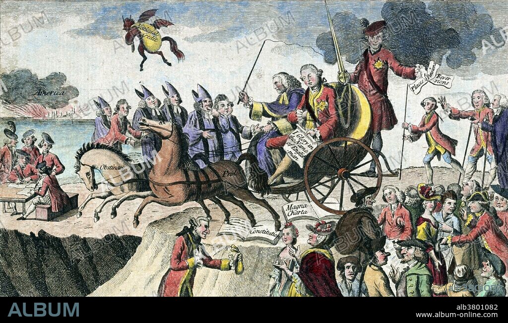 Cartoon shows George III and Lord Mansfield, seated on an open chaise drawn by two horses labeled "Obstinacy" and "Pride," about to lead Britain into an abyss represented by the war with the American colonies. George III (June 4, 1738 - January 29, 1820) was King of Great Britain (1760-1801) and King of the United Kingdom of Great Britain and Ireland until his death. His life and reign, which were longer than any other British monarch before him, were marked by a series of military conflicts involving his kingdoms, much of the rest of Europe, and places farther afield in Africa, the Americas and Asia. Early in his reign, Great Britain defeated France in the Seven Years' War, becoming the dominant European power in North America and India. However, many of Britain's American colonies were soon lost in the American Revolutionary War. In the later part of his life, George III had recurrent, and eventually permanent, mental illness. After a final relapse in 1810, a regency was established, and George III's eldest son, George, Prince of Wales, ruled as Prince Regent. On George III's death, the Prince Regent succeeded his father as George IV. He died in 1820 at the age of 81. Illustration from Westminster magazine, May 1, 1775.