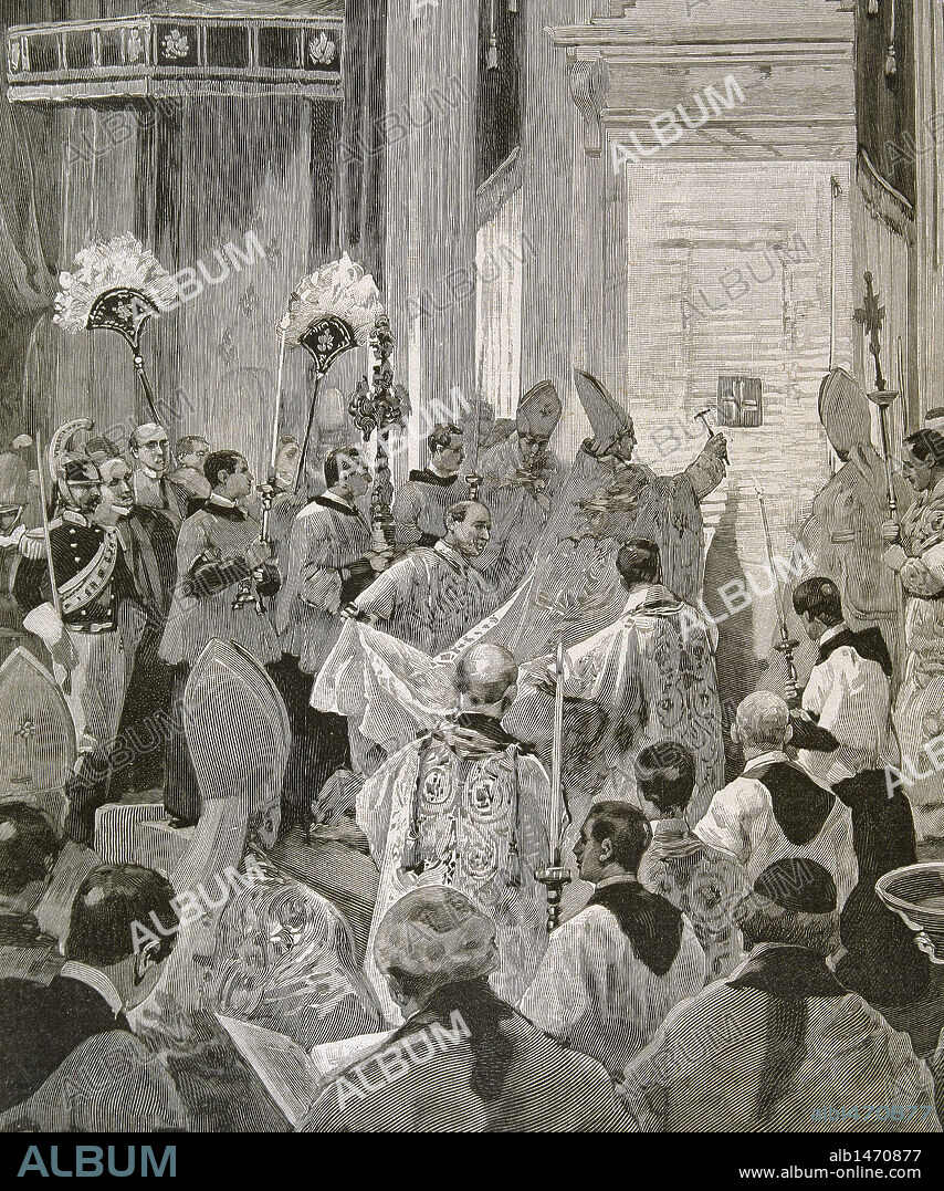Leo XIII (1810-1903). Italian Pope (1878-1903), named Vincenzo Gioacchino Pecci. Promulgation of the Holy Year. Leon XIII celebrating the opening of the Holy Door in the Vatican. Engraving in 'L'Illustration' (1900).