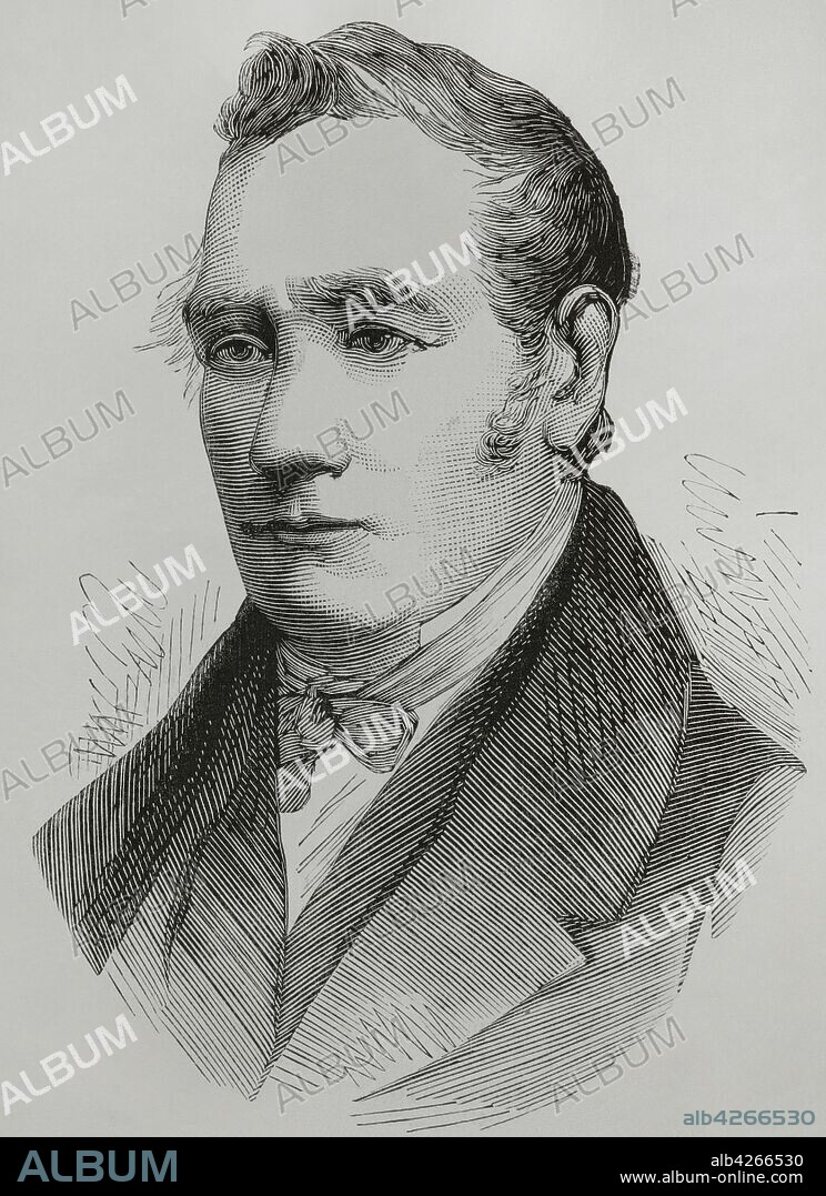 George Stephenson (1781-1848). British engineer and principal inventor of the railroad locomotive. Made by George Setphenson and his son Robert's company Robert Stephenson and Company, the Locomotion No. 1 was the first steam locomotive to carry passengers on a public rail line, the Stockton and Darlington Railway in 1825. Portrait. Engraving. La Ilustracion Espa–ola y Americana, 1881.