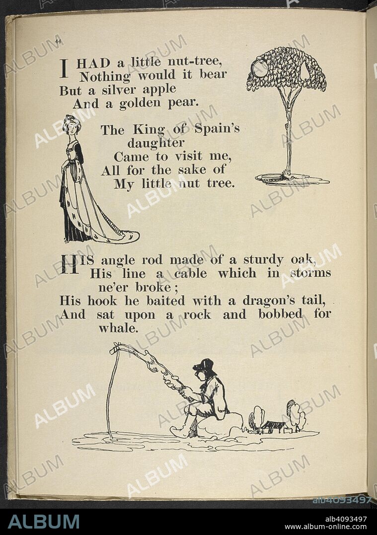 CLAUD LOVAT FRASER. I had a little nut-tree, ...' 'His angle rod made of sturdy oak ...'. Nursery Rhymes, with pictures by C. L. Fraser. London : T. C. & E. C. Jack, [1919]. Source: 12800.ddd.31 page 44.