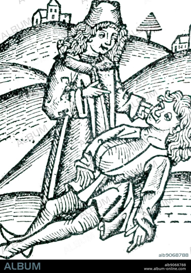 Physician applying a Bezoar stone to a victim of poisoning. The stone was extracted from the gall-bladder or stomach of an animal such as a goat or an antelope. Bezoar is a corruption of a Persian word meaning counter-poison. From Johannis de Cuba 'Ortus sanitatis', Strasbourt, 1483.