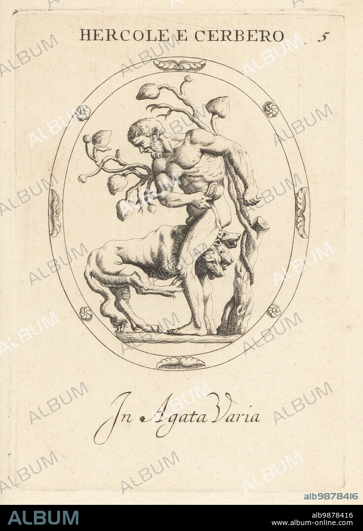 Hercules capturing the three-headed dog Cerberus, guard dog of Hades. In variegated agate. Hercole e Cerbero. In agata varia. Copperplate engraving by Giovanni Battista Galestruzzi after Leonardo Agostini from Gemmae et Sculpturae Antiquae Depicti ab Leonardo Augustino Senesi, Abraham Blooteling, Amsterdam, 1685.