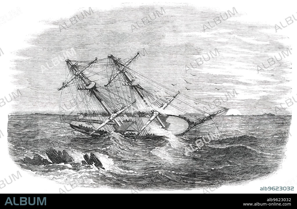 H.M.S. "Sappho", on the Main Reef at Honduras, 1850. 'Small low islands are seen in the distance, and in the foreground are low rocks, with seas breaking over...On the morning of the 9th of December last, H.M.S. Sappho struck on the Main Reef, off the coast of Honduras. She is the only vessel ever saved from total shipwreck off that reef, which is one of the most dangerous in the world...rain...descended like a vast sheet of water-it blowing strong, with violent squalls...after thirty hours, the officers and ship's company succeeded in heaving her off into deep water, with the loss of her rudder, false keel,and part of her cutwater...eventually she weathered the reef and rocks by about half a cable's length, the ship's company giving three cheers...afterwards, we recovered everything that had been hove overboard, including guns, anchors, cables, &c'. From "Illustrated London News", 1850.