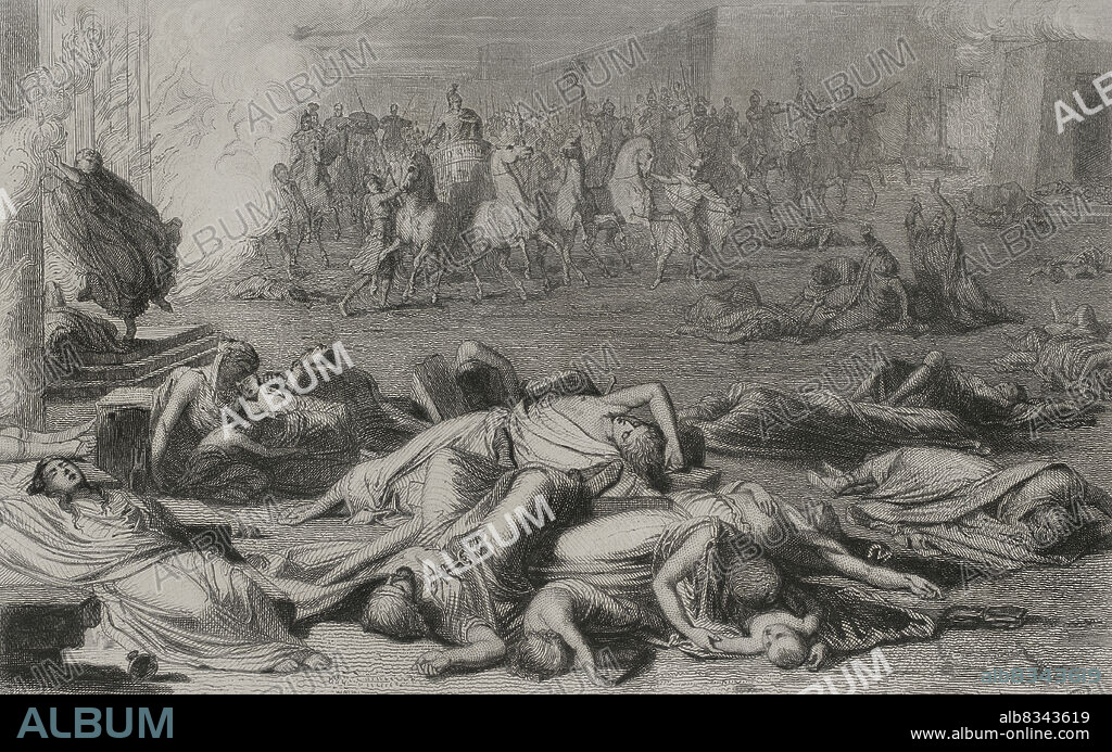 Numantine War. Siege of Numantia by Roman troops, 133 BC. Destruction of the city. Engraving. "Historia Universal", by César Cantú. Volume II, 1854.
