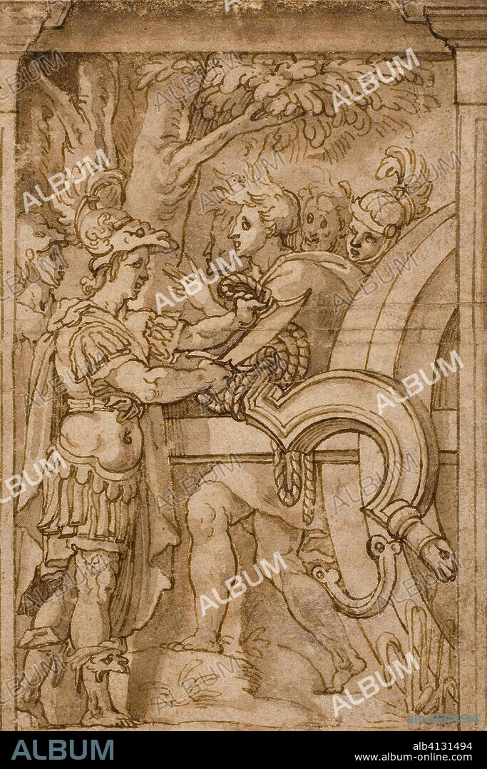 Alexander Cutting the Gordian Knot. After Maturino da Firenze (Italian, 1490-1527/1528); after Polidoro Caldara, called Polidoro da Caravaggio (Italian, c. 1499-c. 1543). Date: 1510-1527. Dimensions: 125 x 84 mm. Pen and brown ink with brush and brown wash, on cream laid paper, laid down on ivory laid paper. Origin: Italy.