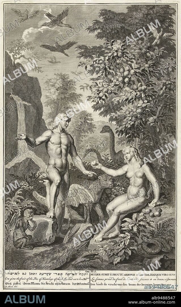 The Temptation of Adam and Eve in Paradise, Andries van Buysen (Sr.), after Gerard Hoet (I), c. 1711 - c. 1720, Adam and Eve among the animals in Paradise. Eve offers Adam an apple from the forbidden tree. The serpent who enticed Eve to eat fruit from the tree is hidden under a bush. Illustration for the Old Testament, Gen. 3, 6. Below the illustration a title in Hebrew, English, German, Latin, French and Dutch., print maker: Andries van Buysen (Sr.), (mentioned on object), intermediary draughtsman: Gerard Hoet (I), (mentioned on object), Amsterdam, c. 1711 - c. 1720, paper, etching, engraving, h 358 mm × w 218 mm.