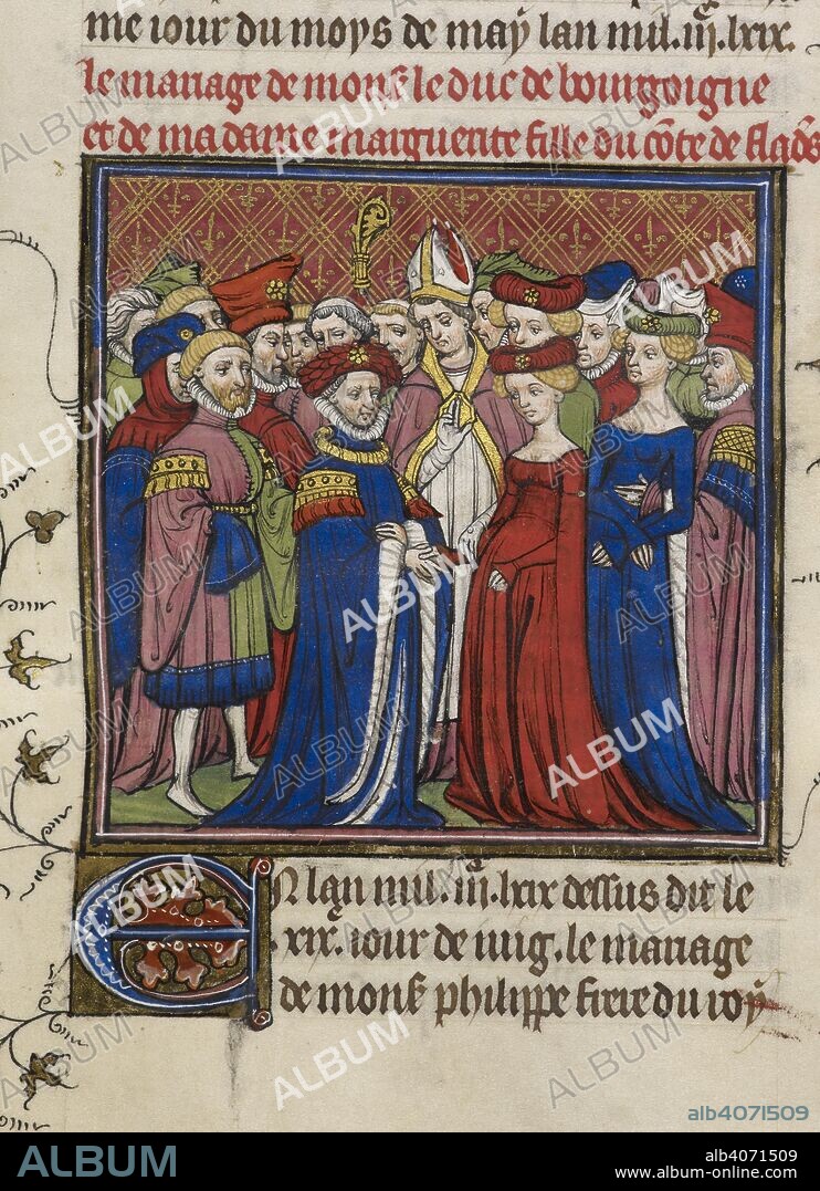Marriage of Philip II, Duke of Burgundy, to Margaret III, countess of Flanders, 1369. Chroniques de France ou de St. Denis. End of 14th century. (Miniature and text] With decorated initial 'E'. Royal wedding. Source: Royal 20 C. VII, f.182. Language: French.
