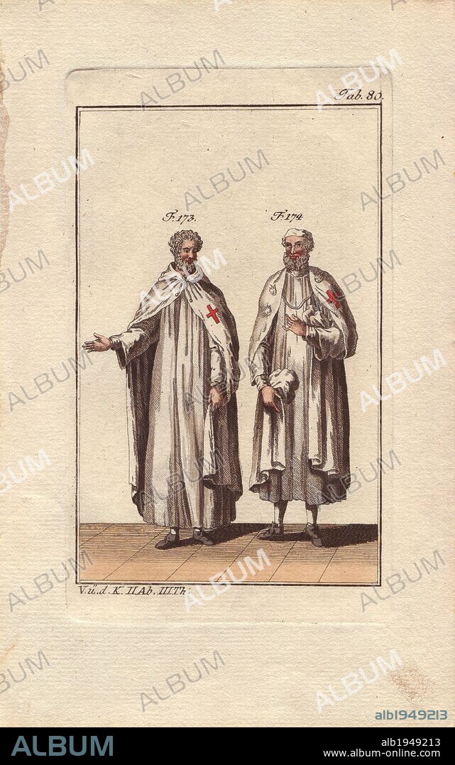 Two Knights Templar in house wear or monastery robes.. . The Order of the Knights Templar was a military order founded in 1118 by Hugues de Payens, a knight of Champagne, and eight other knights to protect pilgrims to the Holy Land. From humble beginnings as "Poor Knights of the Temple," they grew to become a powerful and rich army of warrior monks, with barracks/ monasteries all over Europe, and several castles in Palestine: Safed (1140), Karak (1143), and Castle Pilgrim (1217). The order came to a tragic end in 1312 when all the Templars were branded as heretics, tortured and executed.. . Handcolored copperplate engraving of a knight from a religious military order from Robert von Spalart's "Historical Picture of the Costumes of the Principal People of Antiquity and of the Middle Ages" (1796).