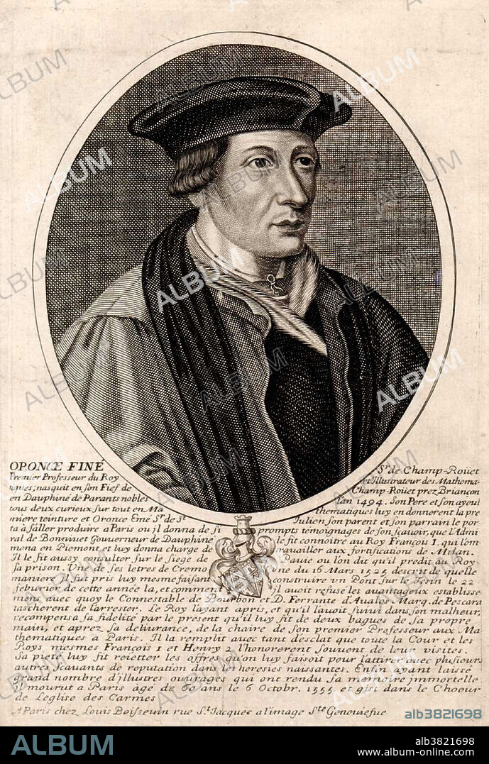 Oronce Fine (1494-1555), French mathematician and cartographer. Primarily a popularizer, he was one of the most prolific authors of mathematical books of his age. He worked in a wide range of mathematical fields, including practical geometry, arithmetic, optics, gnomonics, astronomy, and instrumentalism. He gave the value of pi (= 3.1416) to be (22 2/9)/7 = 3.1746 in 1544. Later, he gave 47/15 = 3.1333 and, in De rebus mathematicis (1556), he gave 3 11/78 = 3.1410. In 1542 he published De mundi sphaera (On the Heavenly Spheres), a popular astronomy textbook. His writing on astronomy included guides to the use of astronomical equipment and methods. He also described more recent innovations, such as an instrument he called a metheoroscope (an astrolabe modified by adding a compass). His heart-shaped (cordiform) map projection may be his most famous illustration, and was frequently employed by other notable cartographers, including Peter Apian and.