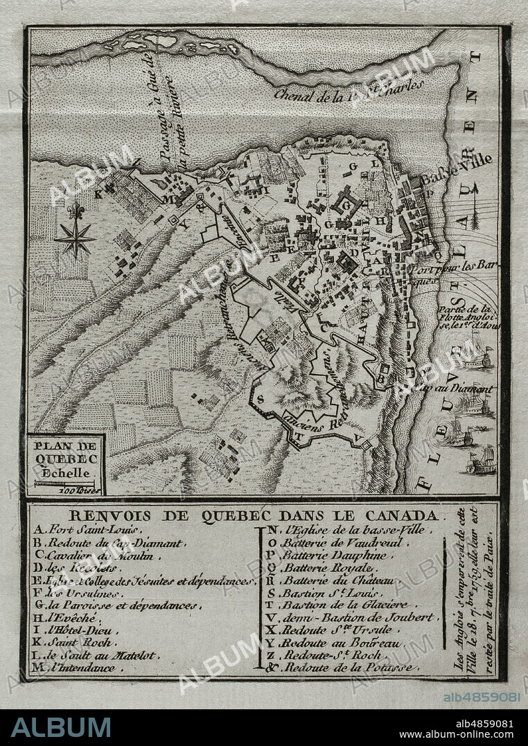 JEAN DE BEAURAIN (1696-1771). FRENCH GEOGRAPHER.. Seven Years War (1756-1763). Map of Quebec, 1759. Canada. French Colony of the Viceroyalty of New France. On September 18, 1759, the British captured the city. Published in 1765 by the cartographer Jean de Beaurain (1696-1771) as an illustration of his Great Map of Germany, with the events that took place during the Seven Years War. Engraving. French edition, 1765. Military Historical Library of Barcelona (Biblioteca Histórico Militar de Barcelona). Catalonia. Spain.