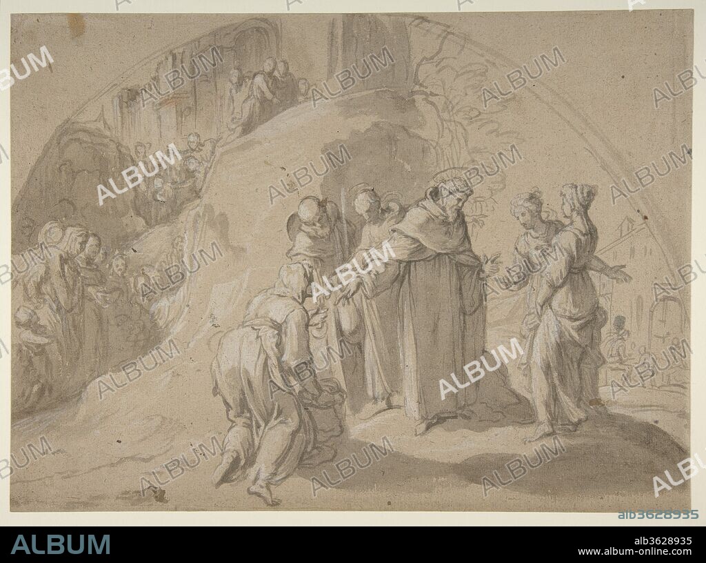 Saint Philip Benizi Converting Two Wicked Women at the City of Todi. Artist: Bernardino Poccetti (Italian, San Marino di Valdelsa 1548-1612 Florence). Dimensions: 9-15/16 x 13-9/16 in.  (25.3 x 34.5 cm). Date: 1608-9.
This drawing is a study for one of the lunettes frescoed around 1606 by Bernardino Poccetti in the 'Chiostro dei Morti' at the Santissima Annunziata, Florence. The fresco forms part of a series of twenty five similarly shaped frescoes in the large cloister. The frescoes deal with the lives and deaths of the Servite monks. Only thirteen of the frescoes were painted by Poccetti. Others in the series were by Matteo Rosselli (1578-1650), Fra Arsenio (Donato Mascagni, 1579-1636) and by Ventura Salimbeni (1568-1613). The Metropolitan Museum owns a total of four drawings by Poccetti which are studies for the important frescoes in the Annunziata: see inv. nos. 61.178.2 (Death of Saint Alexis Falconieri), 80.3.320 (Figure Studies), and 200.91.1 (Seated Figure and Sanding Figure).
The Museum's drawing records an early stage of Poccetti's plans for this fresco: here Saint Philip Benizi faces the two women of loose life who appear at the right corner of the lunette. In the fresco the grouping is reversed, and the two women stand at the center of the composition; this solution is already indicated in the other surviving composition studies for the fresco, one of which is in the Musée Fabre, Montpellier, while the other is in the Albertina, Vienna.  The drawing in the Metropolitan Museum is a study, with considerable variants, for the fresco which is second from the left as one faces the wall of the nave. Below the fresco is the following inscription: 'IL BEATO FILIPPO BENIZI FIORENTINO PREDETTA IN FIRENZI LA SUA VICINA MORTE CHE TOSTO GLI SEGUI A TODI CITTA DELL'UMBRIA DOVE/CONGRANDE APPLAUSO ERA ASPETTATO RIDUSSE CON LE SUE ESORTAZIONI ET ELEMOSINE DUE CATTIVE DONNE A RELIGIOSA VITA L'ANNO MCCLXXXV.'.