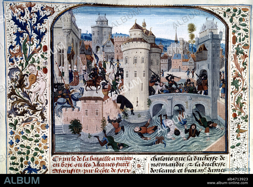 Jacquerie de 1358 : massacre des revoltes a Meaux. Enluminure tiree d'un manuscrit medieval (XIVe, 14e, 14eme s.). Credit : Collection JEAN VIGNE / KHARBINE-TAPABOR.