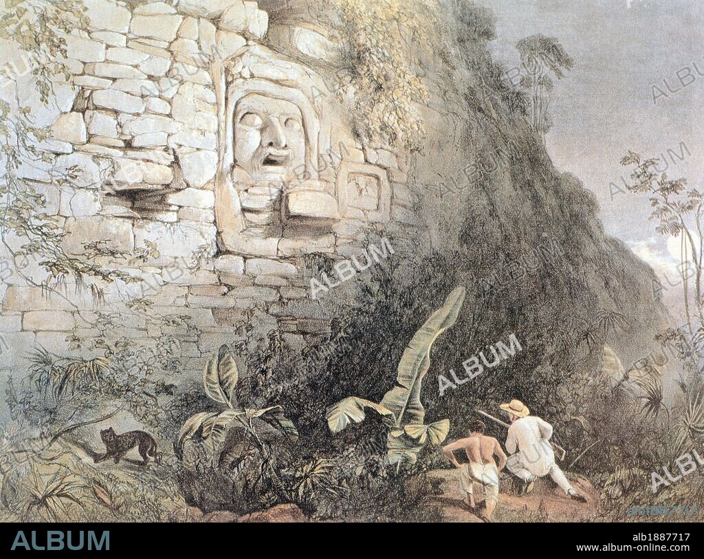 Discovery of the ruins, the head of the Mayan god Itzamma in Izamal (Yucatan, Mexico). Design by Frederick Catherwood from the Chronicles of the Trip with John Lloyd Stephens in the Maya Territories, 1841.