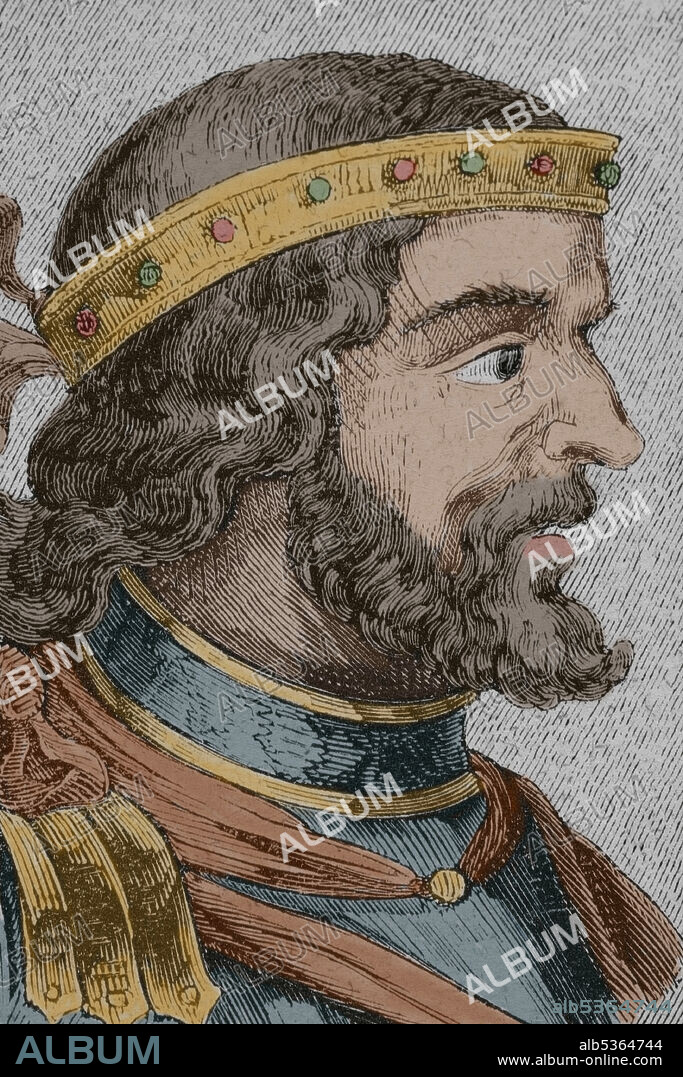 Recaredo I (559-601) Rey visigodo del 586 al 601. Combatió contra los francos y bizantinos. Fundador del Reino godo católico de Toledo. En el año 589 convocó el III Concilio de Toledo donde se convirtió del arrianismo al cristianismo niceno. Retrato. Grabado coloreado. Las Glorias Nacionales. Tomo II, edición Madrid-Barcelona, 1853.