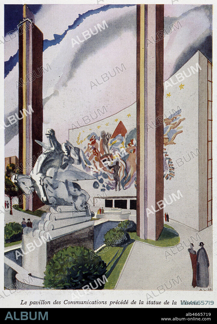 'Le pavillon des communications precede de la statue de la vitesse' publies dans L'Illustration du 10 juin 1939. Credit : Collection KHARBINE-TAPABOR.