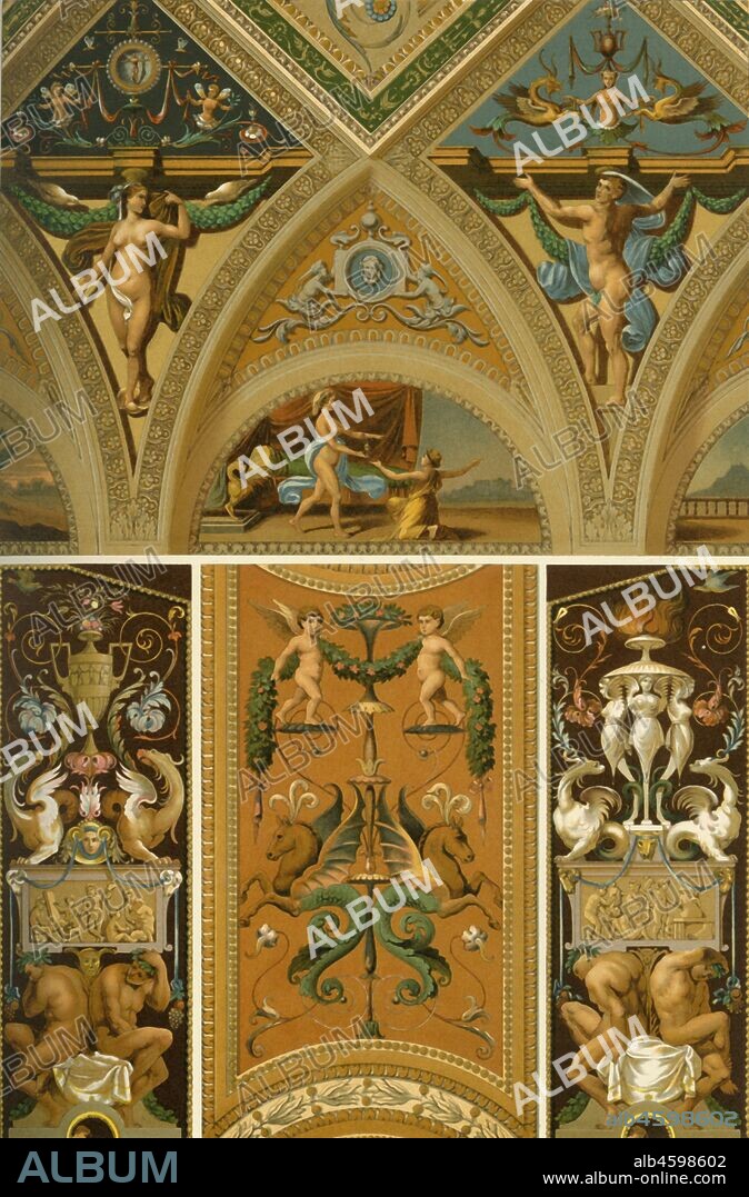 Italian Renaissance ceiling and wall painting, (1898). 'Fig 1: Ceiling-painting in the Palazzo Doria at Genoa. Fig 2: Pilaster-decoration from the Loggie of the Vatican at Rome. Figs 3 and 4: Panels in a window-niche in the Vatican Museum, ibid...Ornamental wall-and ceiling painting of High-Renaissance is represented in its highest beauty and dignity by the works of Raffaelle and his school, especially in the Loggie of the Vatican. Although a great part of those paintings are not from his own hand, yet they were carried out by his pupils after the master's designs, and in his spirit...To a pupil of Raffaelle also, the paintings in the Palazzo Doria at Genoa are to be ascribed'. Plate 53 from "The Historic Styles of Ornament" translated from the German of H. Dolmetsch. [B.T. Batford, London, 1898].