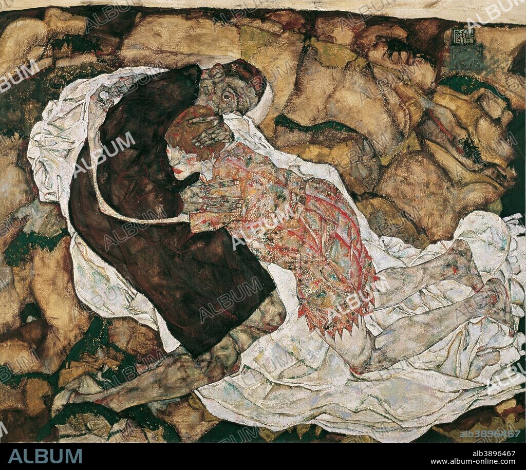 EGON SCHIELE. Der Tod und das Mädchen / Death and the Maiden. Date/Period: 1915. Painting. Oil on canvas. Height: 150 cm (59 in); Width: 180 cm (70.8 in).
