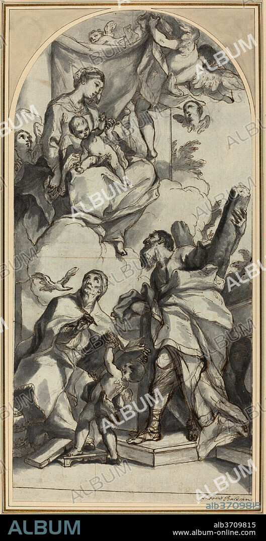 ANTONIO BALESTRA. The Madonna and Child in Glory with Saints Gregory the Great and Andrew. Dated: 1734/1735. Dimensions: overall (lunette): 46.8 × 22.7 cm (18 7/16 × 8 15/16 in.). Medium: pen and brown ink with gray wash over black chalk on laid paper.