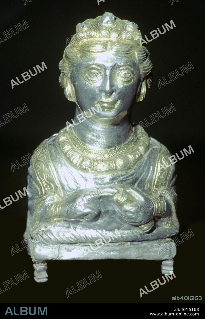 'Empress' pepper pot from the Hoxne hoard, Roman Britain, buried in the 5th century. The pepper pot is in the form of a silver bust of an Imperial lady of the late-Roman period. Found in Hoxne, Suffolk in 1992, it contained jewellery and a variety of precious tableware, buried for safety around the time of the Roman withdrawal from Britain. The Hoxne hoard is the richest find of treasure from Roman Britain. From the British Museum's collection.