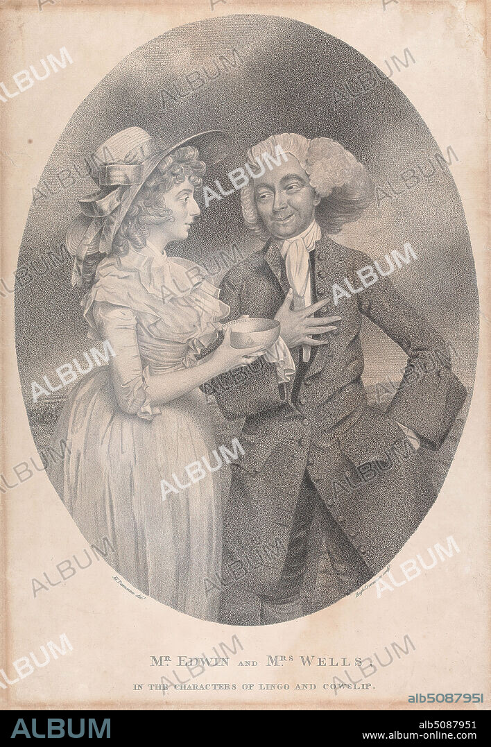 Mr. Edwin and Mrs. Wells in the Characters of Lingo and Cowslip, Print made by Hugh Downman, d. 1789, after John Downman, 17501824, British, Published by Hugh Downman, d. 1789, ca. 1787, Stipple engraving on moderately thick, slightly textured, beige laid paper, pasted on mount, Sheet: 19 x 13 1/4 inches (48.2 x 33.7 cm) and Image: 16 x 12 3/16 inches (40.7 x 30.9 cm), actors, bowl (vessel), costume, cravat, curls, fichu, flounces, frock coat, gesture, gown, hat, literary theme, man, muslin, performance, play, ribbon, ruffle, The Agreeable Surprise, play by John O'Keeffe, 1781, theater (discipline), wig, woman.