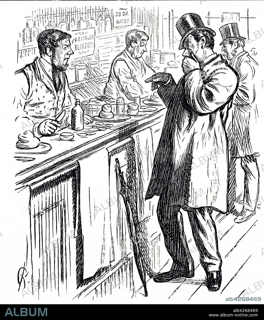 Cartoon depicting a man, suffering with food poisoning, asking the pharmacist for a cure. Dated 19th century.