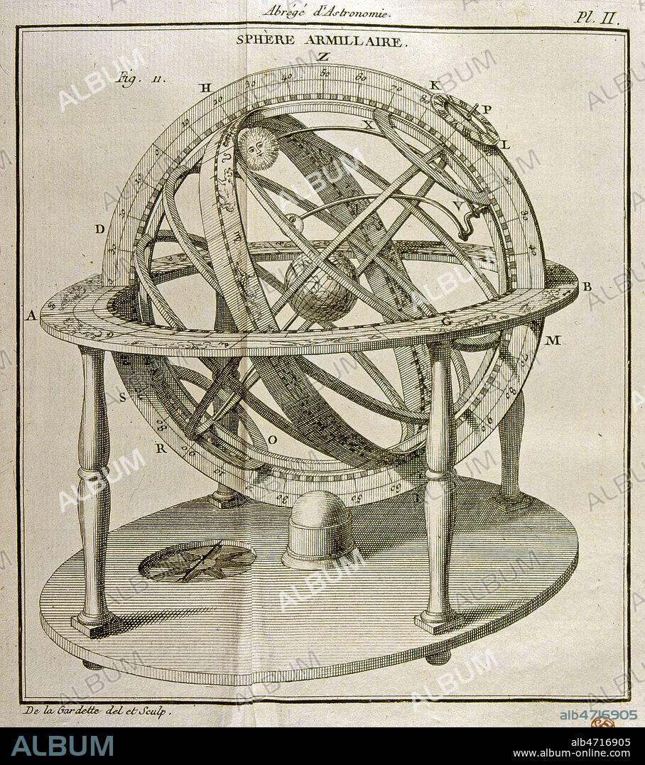 Sphere armillaire. Gravure tiree de l'Abrege d'astronomie de Joseph-Jerome de LALANDE (1732-1807), publie en 1774. (18e, 18eme, XVIIIe s.) Ouvrage conserve a la bibliotheque municipale de Versailles. Credit : Collection JEAN VIGNE / KHARBINE-TAPABOR.