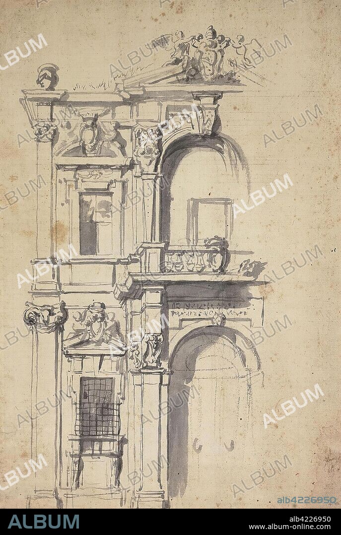 FRENCH PAINTER. 18TH CENTURY and OPPENORT, GILLES-MARIE (AFTER) (? ). 'Facade of a Two-Storey Building with an Emblem'. France, 18th century. Dimensions: 28,3x19,2 cm.
