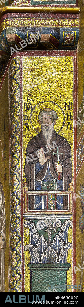 Monreale Cathedral, apse: Saint Daniel, byzantine school mosaic with a golden background. The mosaics of the Cathedral were made between the twelfth and mid-thirteenth century by partly local and partly Venetian workers, trained at the Byzantine school.