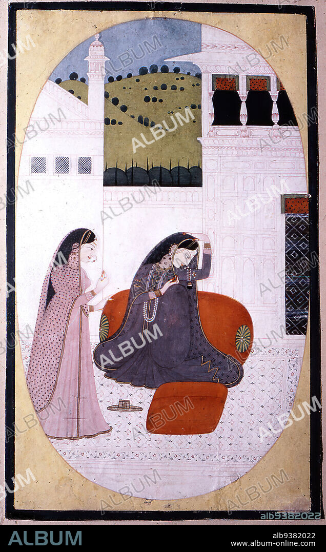 Proshita-patika Nayika, Indian, Opaque watercolor on paper, Punjab Hills, India, ca. 1800-1820, sheet: 9 5/8 x 5 13/16 in., 24.4 x 14.8 cm, 19th Century, cushion, domestic life, human figure, India, Indian painting, Indian women, Manini Nayika, oval, ovoid, painting, palace, paper, profile, profile view, Punjab Hills, veiled women, veils, vignette, watercolor, women.