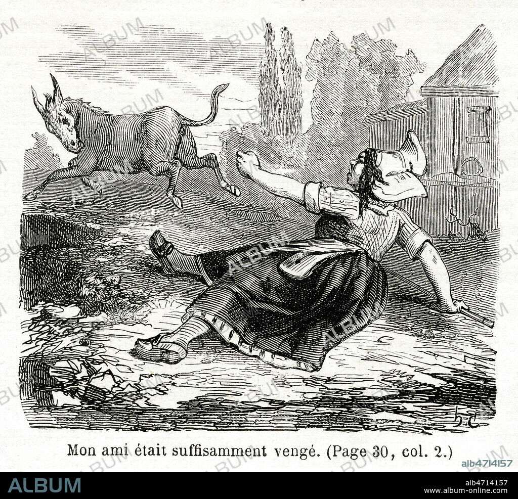 Mon ami etait suffisamment venge. (Cadichon court devant la mechante fermiere qui vient de fouetter le chien Medor). Illustration d'Horace CASTELLI (1825-1889) pour Les Memoires d'un ane par la Comtesse de SEGUR (1799-1874) repris dans La Semaine des Enfants de 1860. Credit : Coll. Jonas/KHARBINE-TAPABOR.
