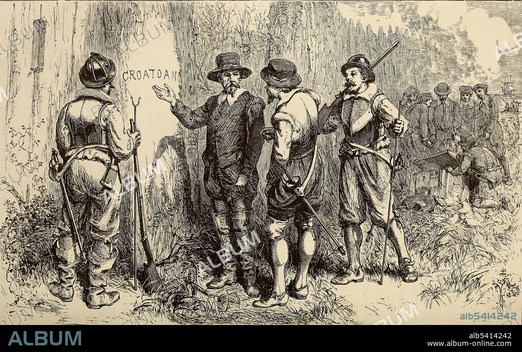 This image depicts John White returning to the Roanoke Colony in 1590 to discover the settlement abandoned. A palisade had been constructed since White's departure in 1587, and the word CROATOAN was found carved near the entrance. This was a prearranged signal to indicate that the colony had relocated, but he was unable to search Croatoan Island for further information. The first colony on Roanoke Island was established by governor Ralph Lane in 1585. Following the failure of the 1585 settlement, a second colony led by John White landed on the same island in 1587, and became known as the Lost Colony due to the unexplained disappearance of its population. Illustration by William Ludwell Sheppard; engraving by William James Linton, 1856.