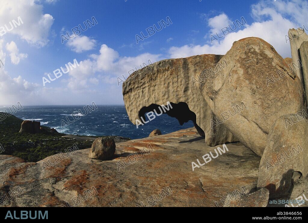 "Remarkable Rocks", granite formations sculpted by rain and blowing sand, on a bluff above the coast of Kangaroo Island off the south coast of Australia, in June, 1995.