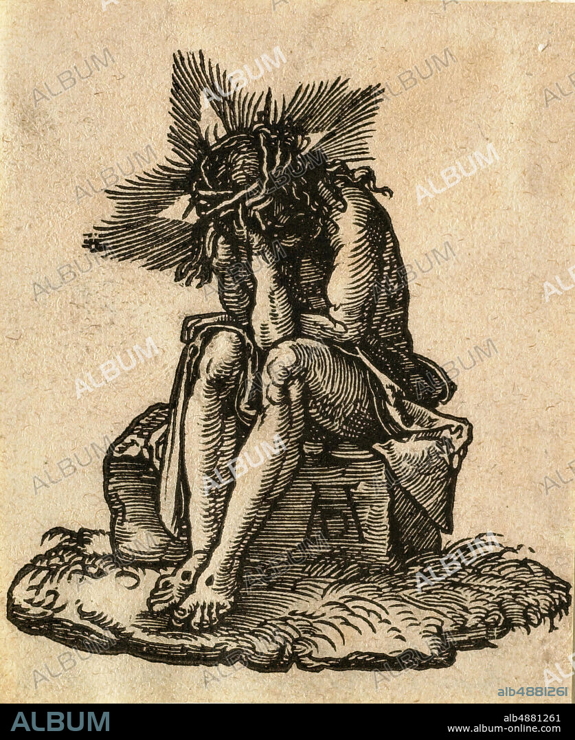 Johann Mommard, Flemish, active 15901627, After Albrecht Dürer, (German, 14711528), The Man of Sorrows Seated, 1514, Woodcut on paper, image: 3 3/4 x 3 1/16 in. (9.5 x 7.7 cm).