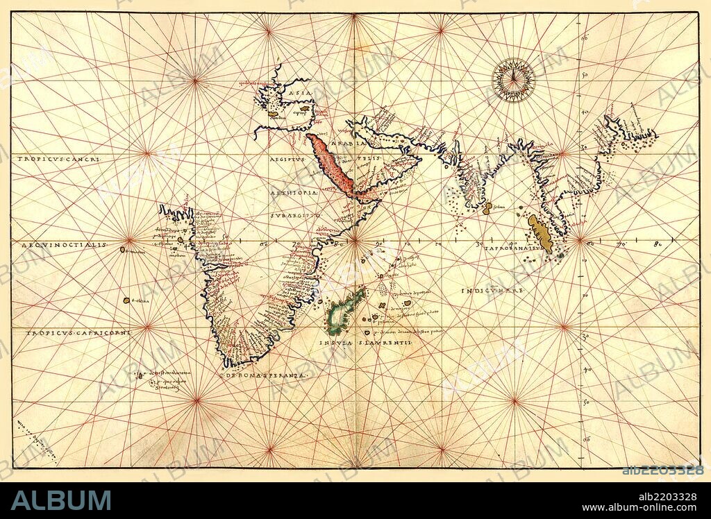Portolan Map of Africa, the Indian Ocean and the Indian Subcontinent.  Done in 1544 by the Italian cartographer Battista Agnese.