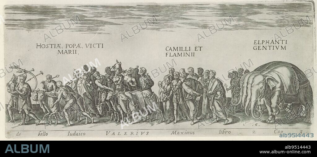 Triumphal procession with men, oxen and elephants, De bello Iudaico Valerius Maximus libro 2 Cap. (title on object), Roman triumphs (series title), Amplissimi ornatißimiq triumphi, uti. L. PAVLVS DE rege Macedonum Perse capto, P. Africanus Aemilianus de Carthage: nensibus excisis. C N. Pompeius Magnus ex oriente, Julius Augus: tus, Vespasianus (...) (series title), Procession of men, oxen and elephants. Title in Latin in lower margin. Print is part of an album., print maker: Onofrio Panvinio, after drawing by: Jan Snellinck (I), after design by: Maarten van Heemskerck, print maker: Italy, after drawing by: Antwerp, publisher: Rome, 1618, paper, engraving, height 154 mm × width 356 mm.