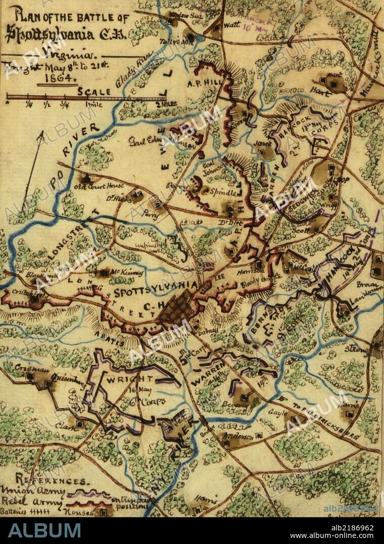 Battle of Spotsylvania C.H., Virginia : fought May 8th to 21st 1864; Confederate forces located around and to the north of Spotsylvania Court House, with the Po River at their back. The Union forces were positioned along the N.Y River so as to attack on both the Confederate left and right. Several landmarks are indicated, including houses used as headquarters by various officers, and the "mule shoe" salient known as the "bloody angle" because of the fierce fighting and heavy losses required to take it.