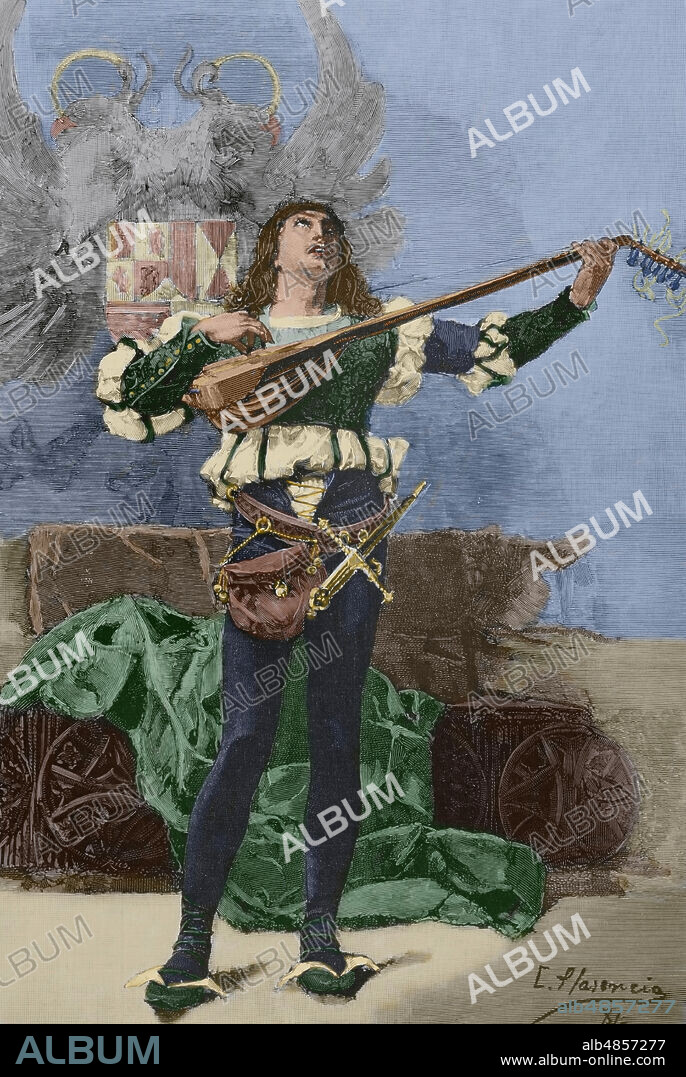 Un trovador. Grabado a partir de una acuarela del pintor español Casto Plasencia (1846-1890). Coloreado. La Ilustración Española y Americana, 1884.