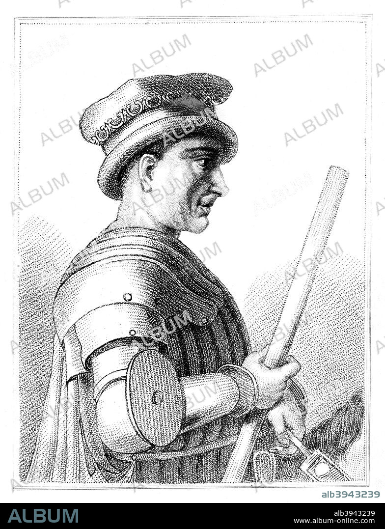 Sir John Hawkwood, English mercenary or condottiere in 14th century Italy, (1819). Hawkwood (1320-1394) fought in the English army in the early years of the Hundred Years War before entering the service of the Pope in Italy. He fought on behalf of various Italian factions for over 30 years.