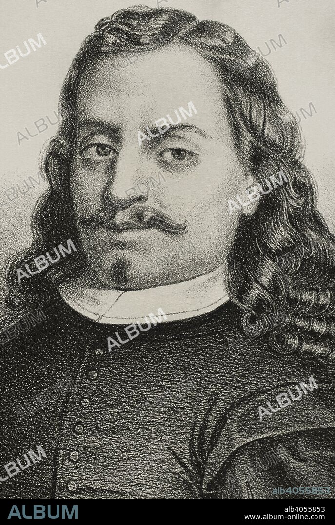 Bartolomé Esteban Murillo (1618-1682). Pintor barroco español. Dibujo por Letre. Litografía. Retrato, detalle. Crónica General de España, Historia Ilustrada y Descriptiva de sus Provincias. Andalucía, 1867. Biblioteca Histórico Militar de Barcelona, Cataluña, España.
