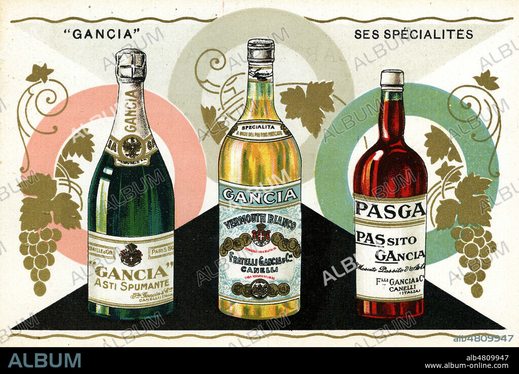 Gancia ses specialites : Aspi fumante, Vermouth blanco. Illustration anonyme pour une etiquette de bouteille de liqueur vers 1920. Credit : Collection IM/Kharbine-Tapabor.