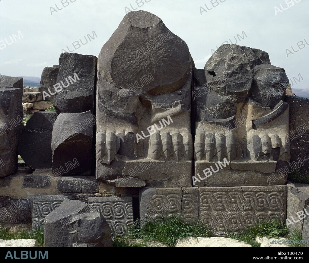 Syria, Ain Dara. Iron Age. Syro-Hittite temple, c. 1300 BC-740 BC. Basaltic stone plinth with Sphinx. Photo taken before the Syrian Civil War. The temple was significantly damaged by Turkish AIr Forces in 2018.