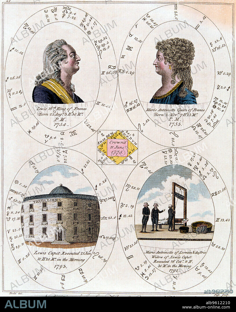 Louis XVI and Marie Antoinette, King and Queen of France, 1795. Nativity's of birth charts of Louis XVI and Marie Antoinette, showing a profile portrait of each, the Palace of the Tuileries, and the guillotine. After the monarchy was overthrown by the French Revolution in 1789, Louis, Marie Antoinette and their children were imprisoned in the Tuileries. In 1791 they tried, unsuccessfully to escape from France. Louis was tried and convicted of treason and was executed by guillotine on 21 January 1793. The same fate befell Marie Antoinette on 16 October 1793.