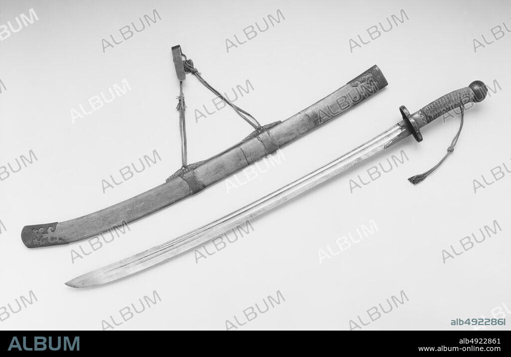 Sword with Scabbard and Belt Hook, Chinese, 18th century, Chinese, Steel, gold, brass, shark skin, wood, textile, H. with scabbard 39 1/2 in. (100.3 cm); H. without scabbard 38 in. (96.5 cm); H. of blade 31 3/4 in. (80.7 cm); W. 3 1/2 in. (8.9 cm); Wt. 1 lb. 11.5 oz. (779.6 g); Wt. of scabbard 15.1 oz. (428.1 g), Swords.