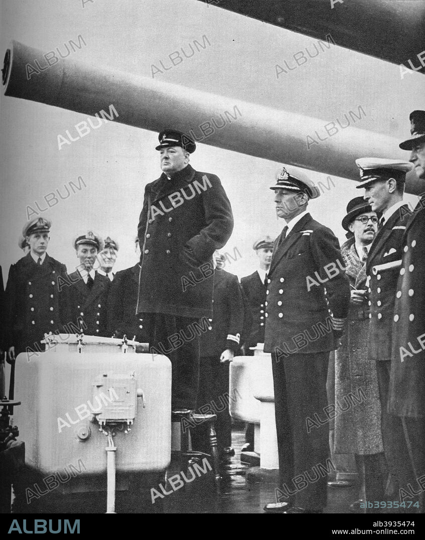 'Addressing the Crew of H.M.S. Exeter on their return from the sinking of the Graf Spee at the battle of the River Plate', 1940 (1955). German cruiser Admiral Graf Spee encurred critical damage, entered the port of Montevideo, and was scuttled by captain captain Hans Langsdorff, against perceived might of British forces following the first naval battle in the Second World War. From Churchill: The Man of the Century - A Pictorial Biography, edited by Neil Ferrier. [L.T.A. Robinson Limited, London, 1955].
