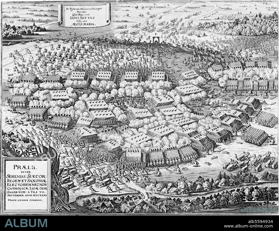 MATTHÄUS MERIAN DER ÄLTERE. Dreißigjähriger Krieg 1618-1648:. Schlacht bei Breitenfeld, 7. September. 1631 (Sieg des vereinigten schwed.-sächs. Heeres unter Gustav Adolf über das kaiserl. Heer unter Tilly). "Praelii (...) prope Lipsiam". Kupferstich von Matthäus Merian d. Ä. (1593-1650) aus: Theatrum Europaeum, 1637.