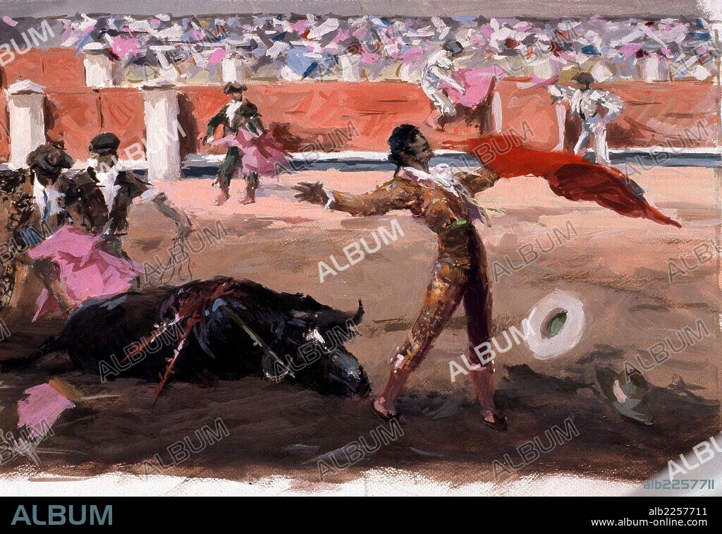 ANTONIO CASERO. CASERO, ANTONIO. PINTOR ESPAÑOL. MADRID 1898-1973. LA MUERTE DEL TORO. TAUROMAQUIA.