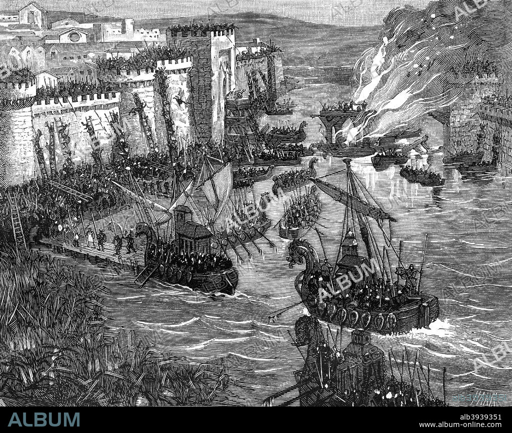 The Viking attack on Paris, 885 (1882-1884). The Vikings rowed up the Seine to attack Paris on several occasions in the 9th century, the first being in 845. The largest raid came in 885 and resulted in a siege that lasted almost a year. The city, commanded by Odo, Count of Paris, held out and in October 886 an army commanded by the King of the Franks and Roman Emperor Charles the Fat arrived and bought peace with the Vikings. A print from La France et les Français à Travers les Siècles, Volume I, F Roy editor, Saint-Antoine, 1882-1884.