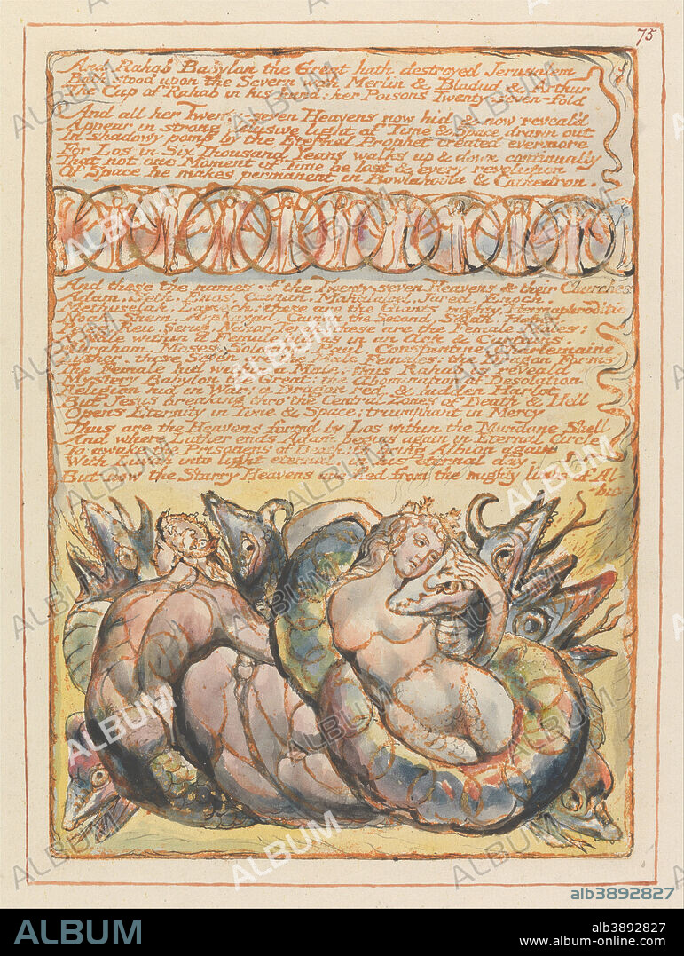 WILLIAM BLAKE. Jerusalem, Plate 75, "And Rahab Babylon the Great....". Date/Period: 1804 to 1820. Print. Orange print, pen, black ink and watercolor on cream-colored paper (Relief etching printed in orange with pen and black ink, watercolor, and gold on moderately thick, smooth, cream wove paper)orange print, pen, black ink and watercolor on cream-colored paper (Relief etching printed in orange with pen and black ink, watercolor, and gold on moderately thick, smooth, cream wove paper). Height: 228 mm (8.97 in); Width: 165 mm (6.49 in).