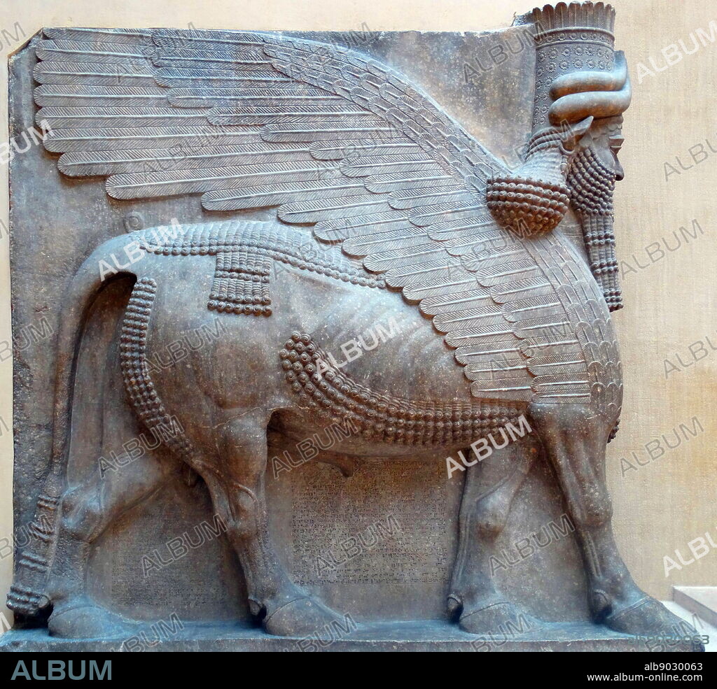 Human-headed winged bull from Sargon II's palace in Dur-Sharrukin, modern Khorsabad. In art, Lamassu were depicted with bodies of either winged bulls or lions and heads of human males. Dur-Sharrukin (Fortress of Sargon?), present day Khorsabad, was the Assyrian capital in the time of Sargon II of Assyria. Khorsabad is a village in northern Iraq, northeast of Mosul. The great city was entirely built in the decade preceding 706 BC.