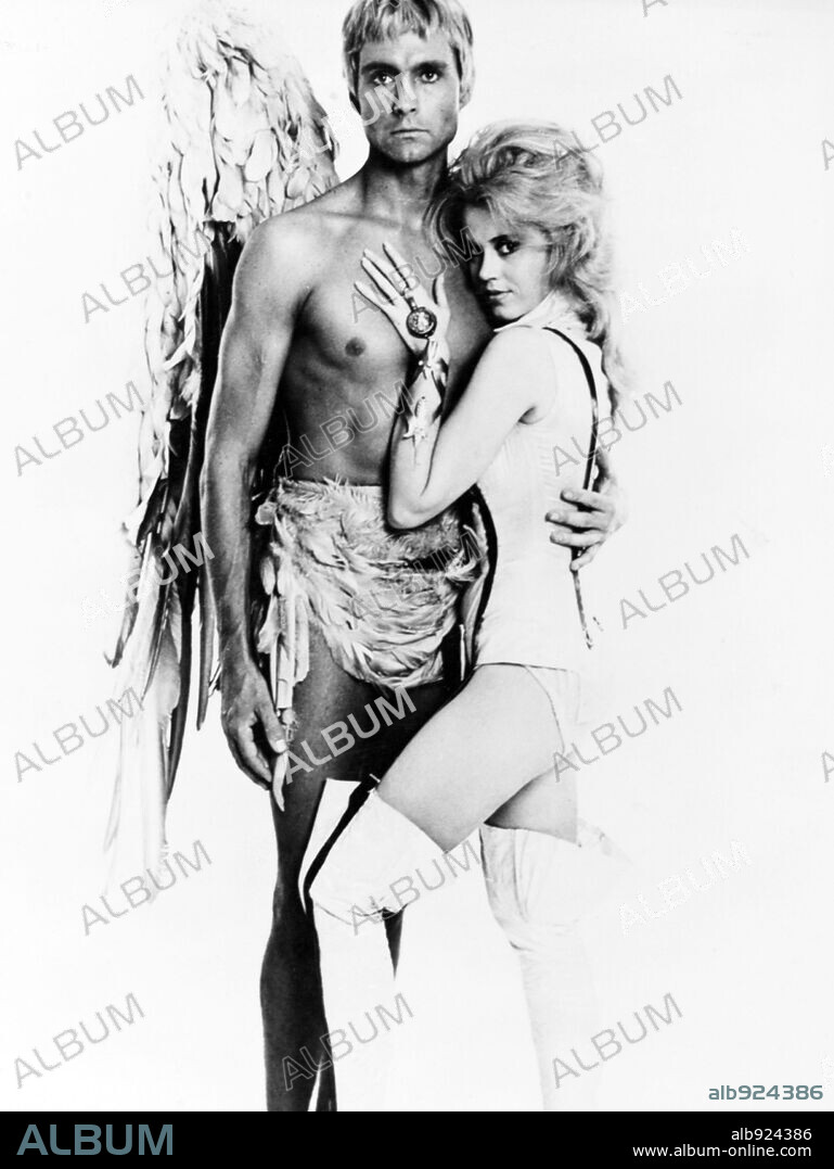 JANE FONDA and JOHN PHILLIP LAW in BARBARELLA, 1968, directed by ROGER VADIM. Copyright PARAMOUNT PICTURES.